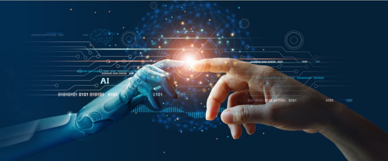 Human and robotic hand connecting with AI circuitry in background